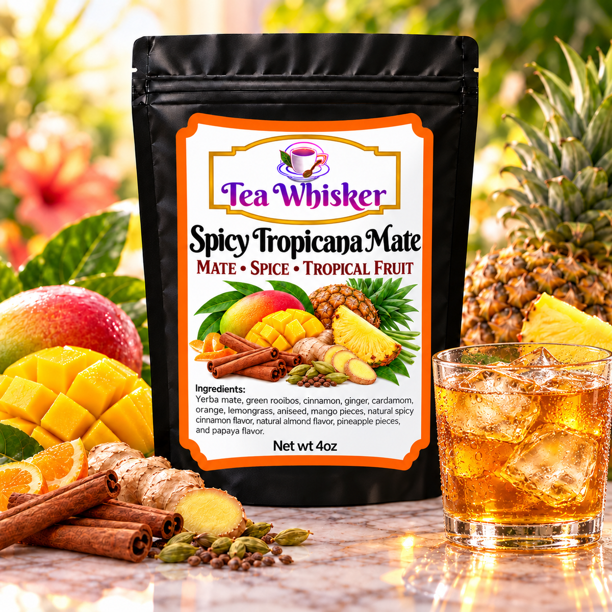 Spicy Tropicana Mate Tea Whisker bag with a glass of iced tea