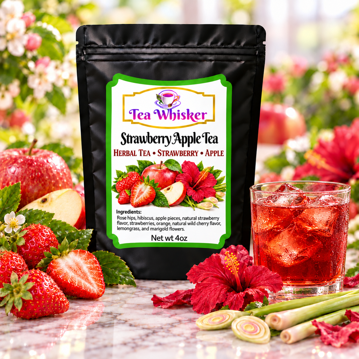 Strawberry Apple Tea Tea Whisker bag with a glass of iced tea