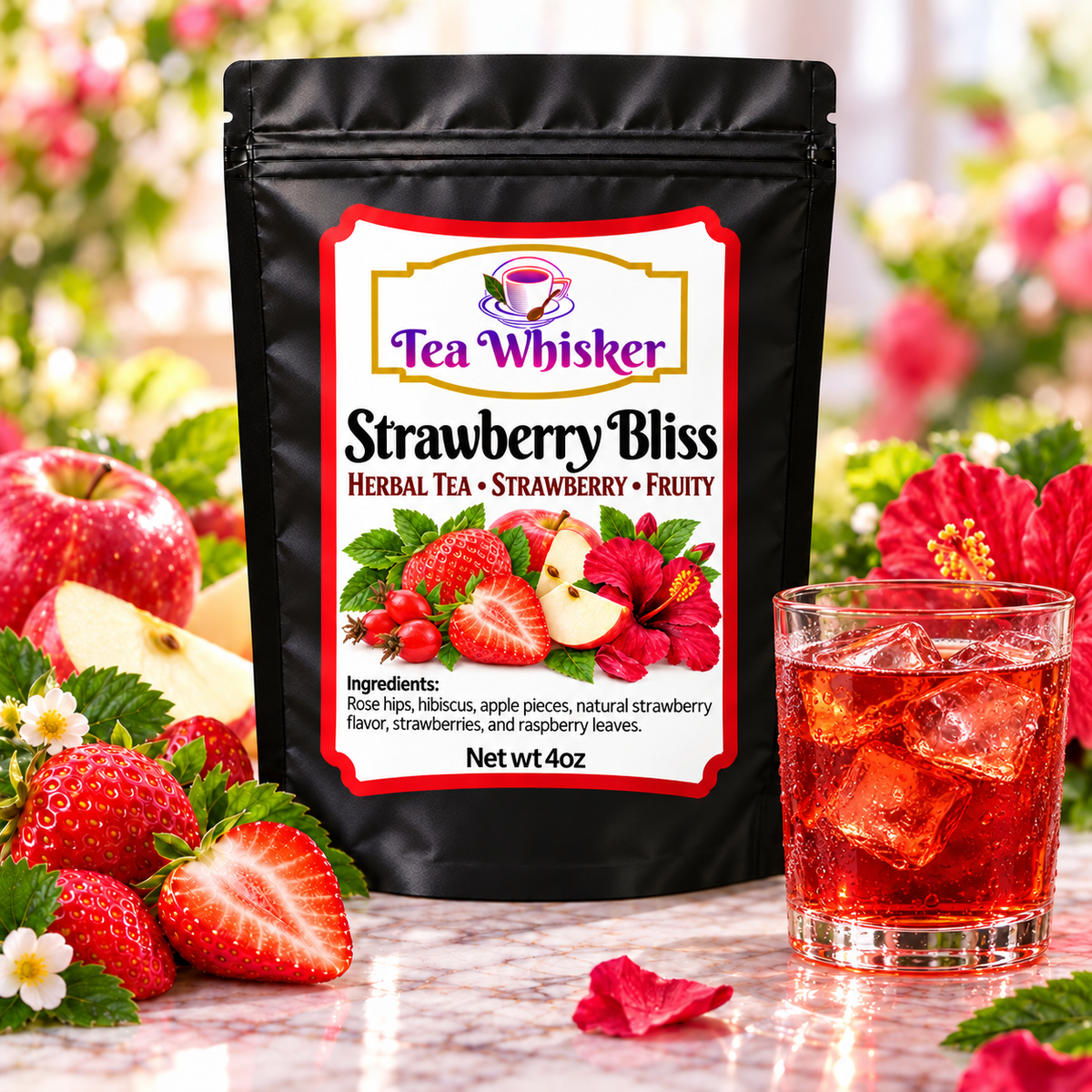 Strawberry Bliss Tea Whisker bag with a glass of iced tea