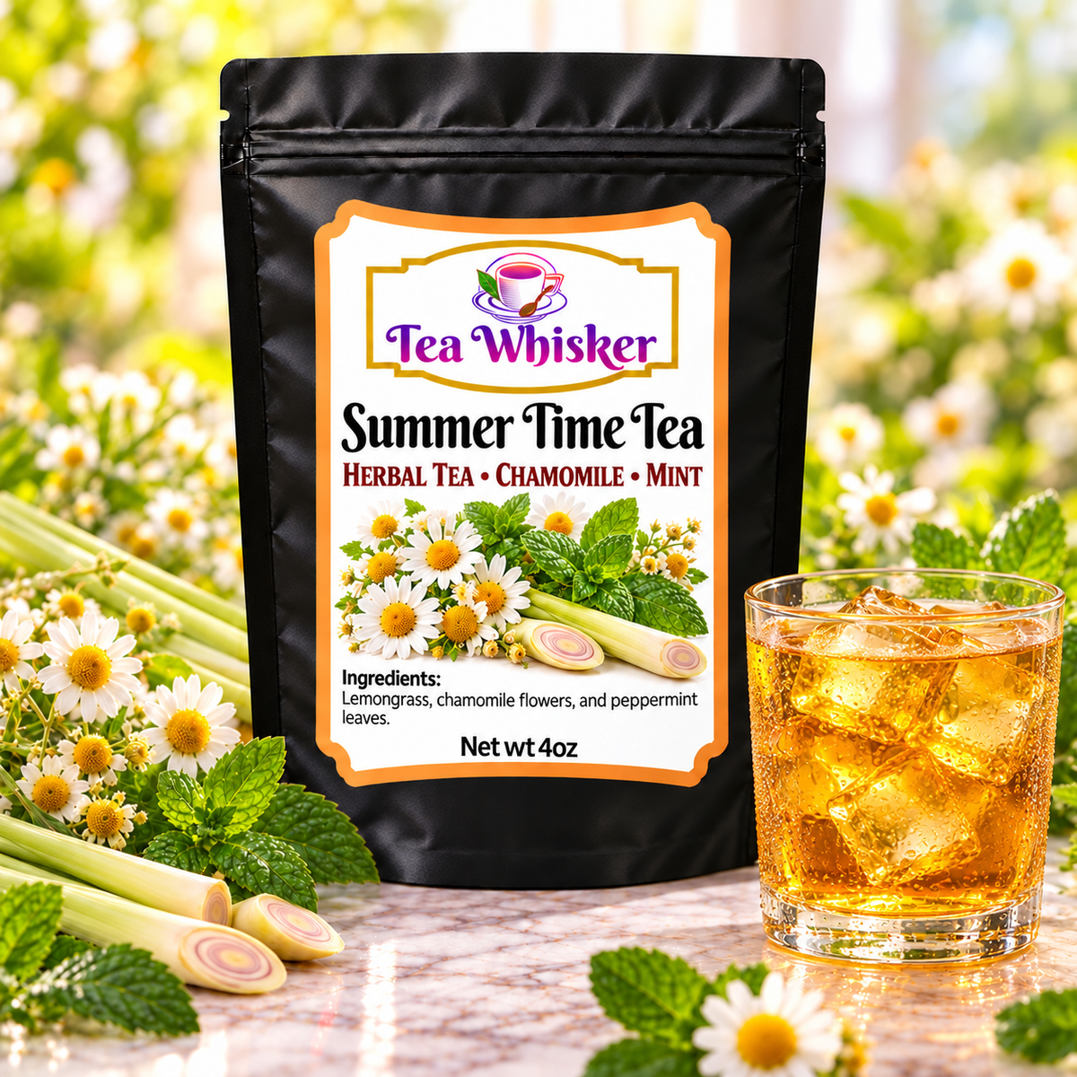 Summer Time Tea Tea Whisker bag with a glass of iced tea