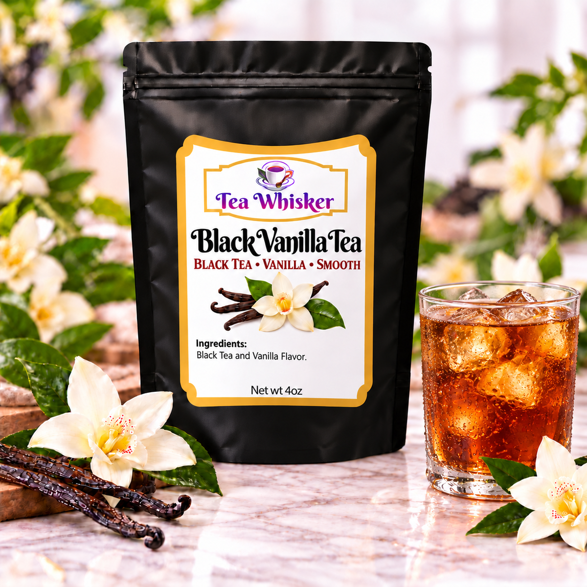 Black Vanilla Tea Tea Whisker bag with a glass of iced tea