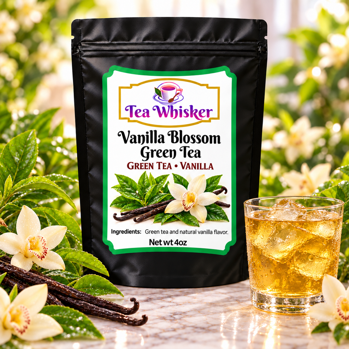 Vanilla Blossom Green Tea Tea Whisker bag with a glass of iced tea