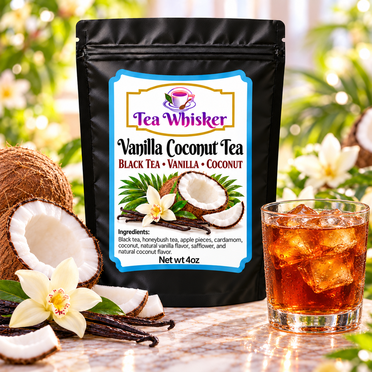 Vanilla Coconut Tea Tea Whisker bag with a glass of iced tea