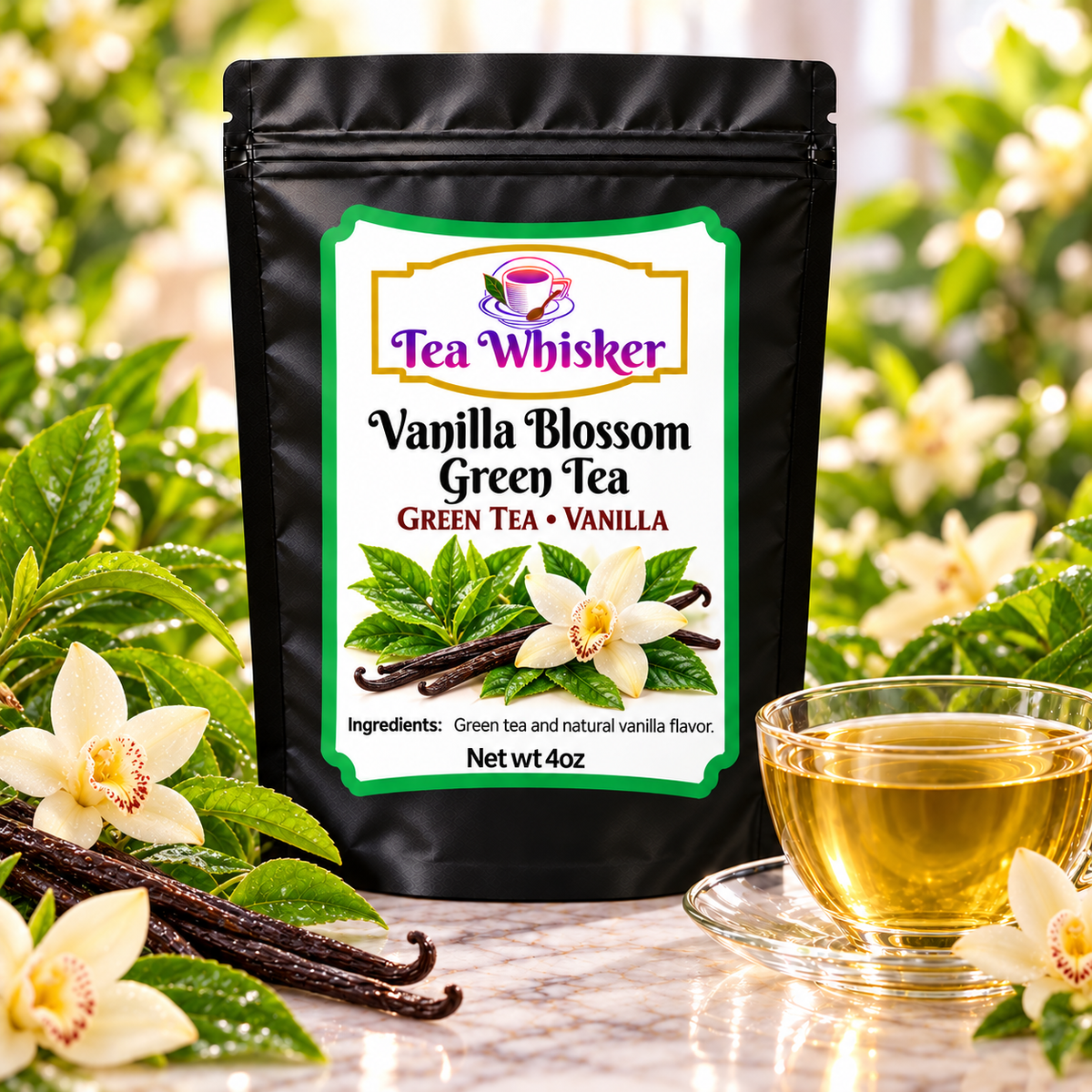 Vanilla Blossom Green Tea — labeled bag beside brewed tea