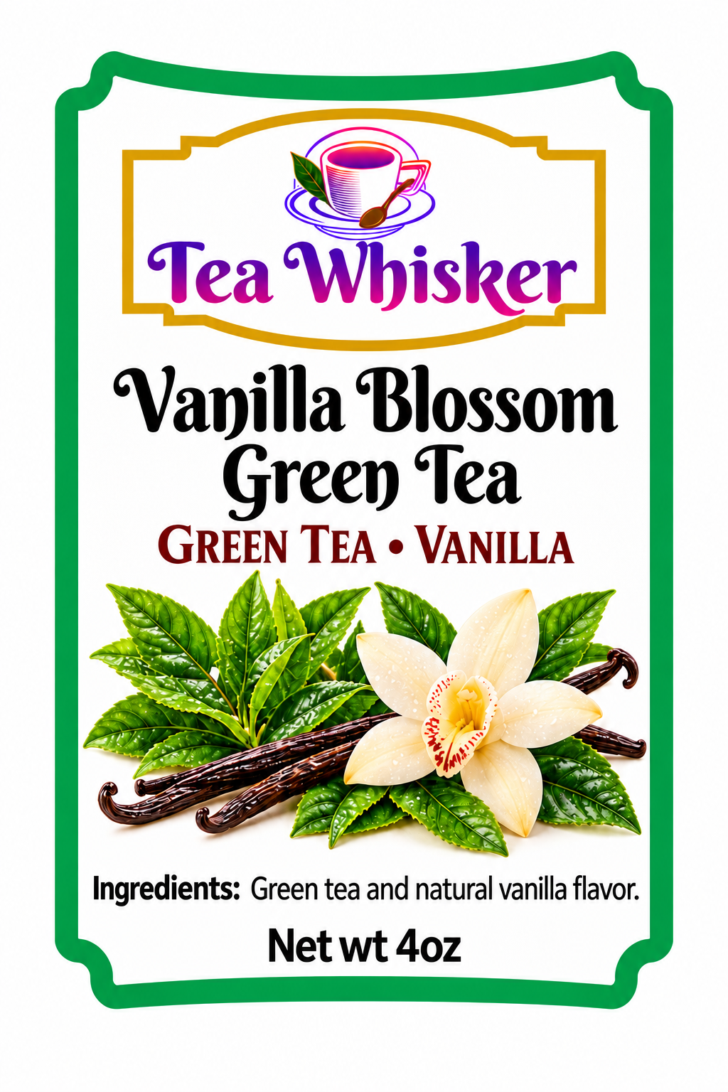 Vanilla Blossom Green Tea 4 oz individual label