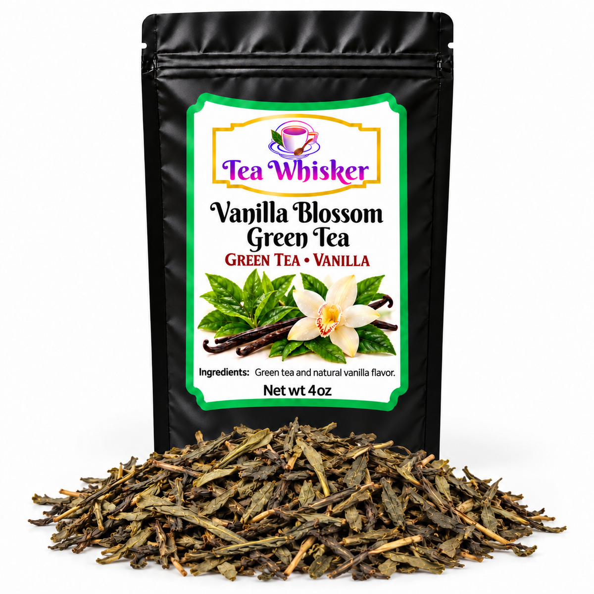 Vanilla Blossom Green Tea 4 oz bag with tea pile