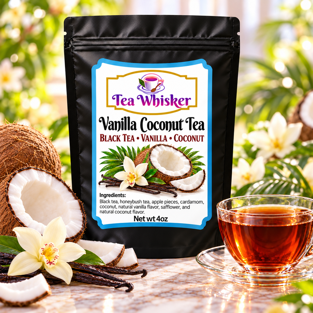 Vanilla Coconut Tea — labeled bag beside brewed tea