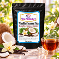 Vanilla Coconut Tea — labeled bag beside brewed tea