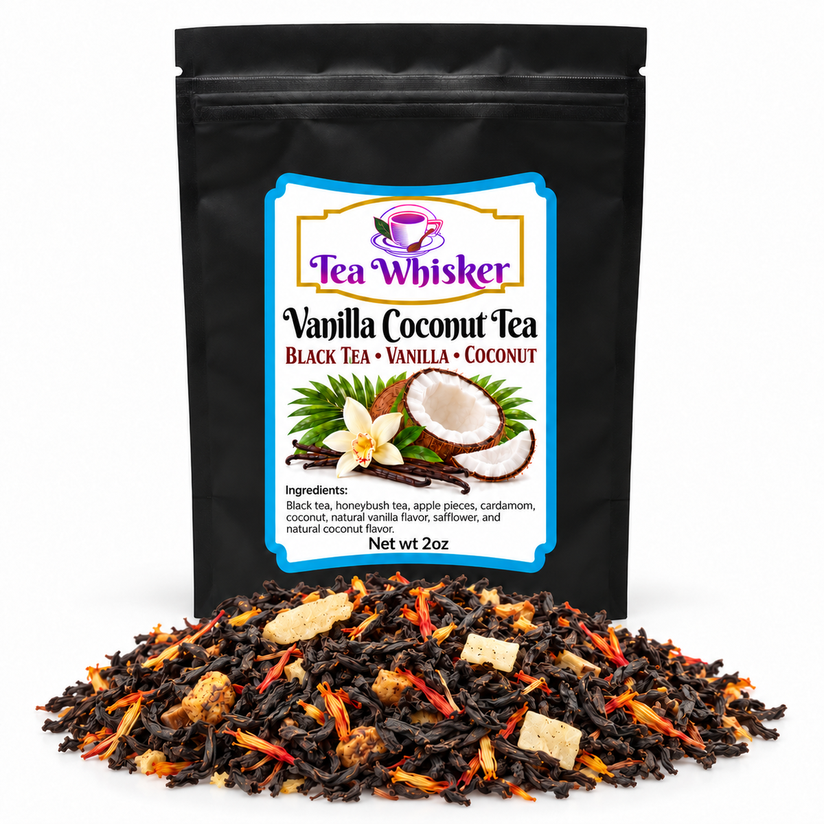Vanilla Coconut Tea 2 oz bag with tea pile